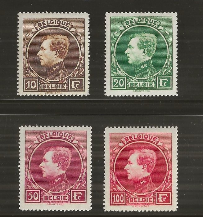 Belgien 1929 - Albert I type Montenez - 10F, 20F, 50F og 100F parisisk tryk (t14½) - OBP/COB 289/292