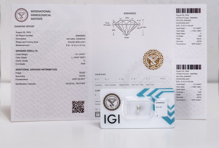 1 pcs Diamant  (Natur)  - 101 ct - Rund - L - I2 - International Gemological Institute (IGI) - Svag grå