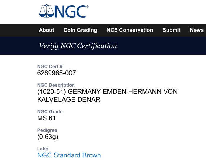 . Herman von Kalvelage (1020–1051). Denarius (ND) 1020-1051 East Frisia, Emden - very rare - in slab NGC MS 61  (Ingen mindstepris)