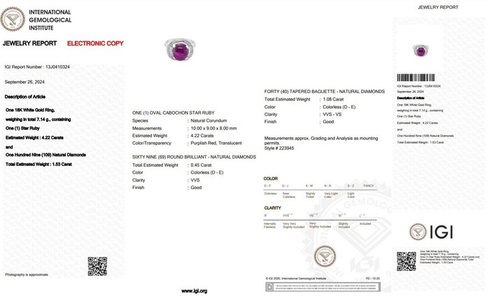 Ring - 18 kraat Hvidguld -  5.75ct. tw. Stjernerubin - Diamant