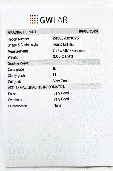 1 pcs Diamant  (Natur)  - 2.05 ct - Rund - E - I1 - Gemewizard Gemological Laboratory (GWLab)