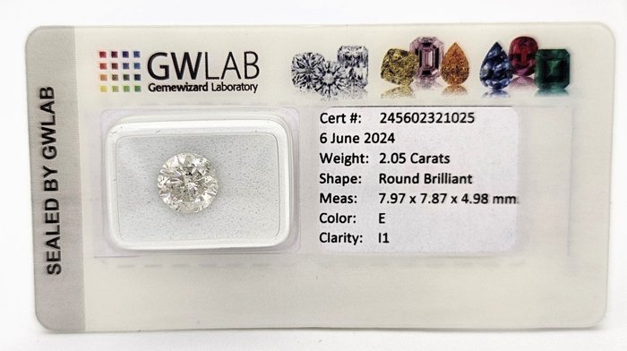 1 pcs Diamant  (Natur)  - 2.05 ct - Rund - E - I1 - Gemewizard Gemological Laboratory (GWLab)