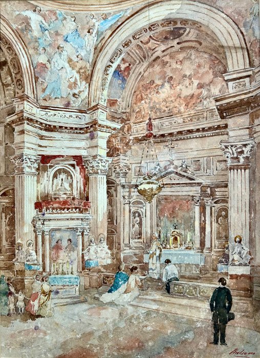 Salvatore Balsamo (1894–1922) - Interno di cattedrale con affreschi e figure