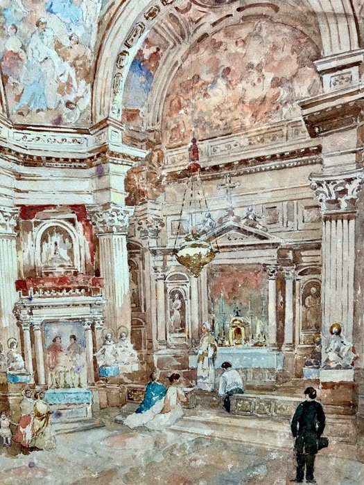 Salvatore Balsamo (1894–1922) - Interno di cattedrale con affreschi e figure