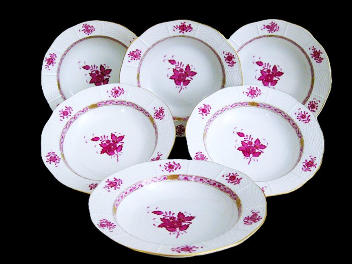 Herend - Tallerken - 6 Soepborden - chinese Bouquet "patroon Apponyi Purple" Ø 23 cm - Porcelæn