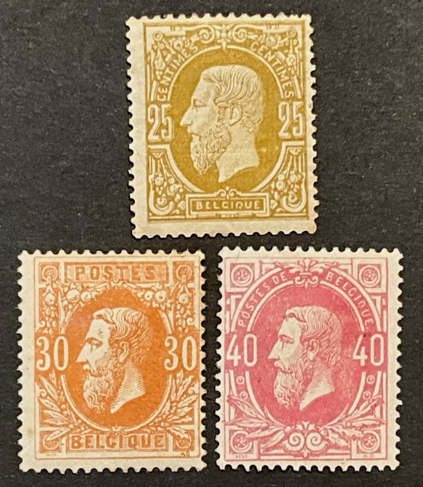 Belgien 1869/1883 - Udsendelse 1869: Leopold II 20c Bister oliven + 30c Okkerrød + 40c Pink - OBP 32/34