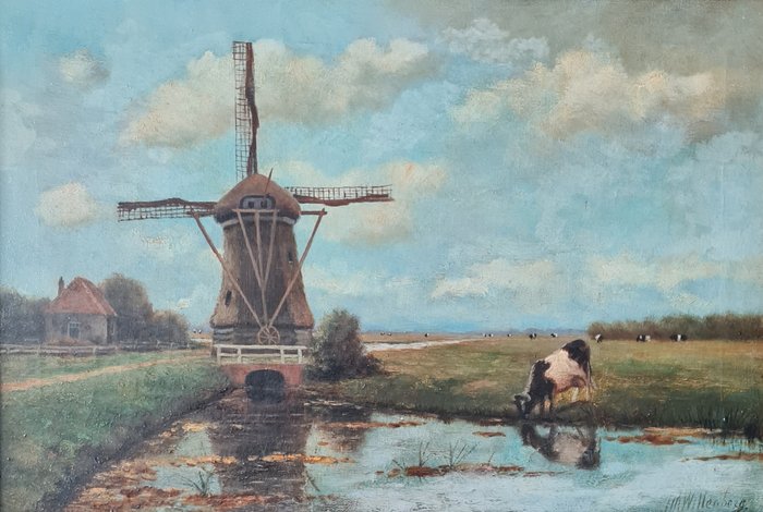 H.A. Willenborg (1856-1943) - Polder Landscape with Windmill and Grazing Cows