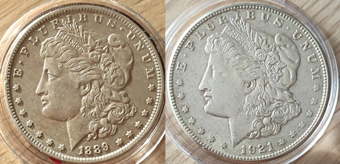 Förenta staterna. A Pair (2x) of US Morgan Dollars 1889-O and 1921-S  (Ingen mindstepris)