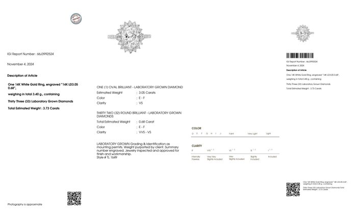 Ingen mindstepris - Ring - 14 karat Hvidguld, 3,05 ct -  3.73ct. tw. Diamant (Laboratoriedyrket) - Diamant - IGI E VS1