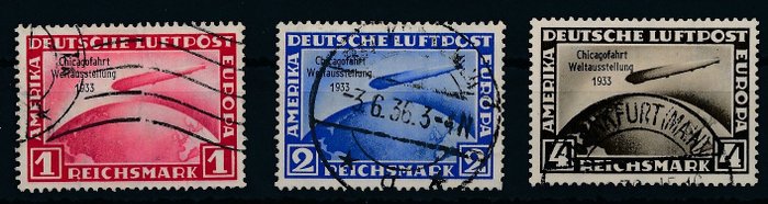 Tyske Kejserrige 1933 - Chicago tur Graf Zeppelin, 1 RM - 4 RM, komplet sæt - Michel Nr. 496 - 498