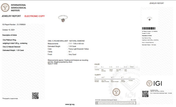 Ring Platin -  1.53ct. tw. Gul Diamant (Naturfarvet) - IGI