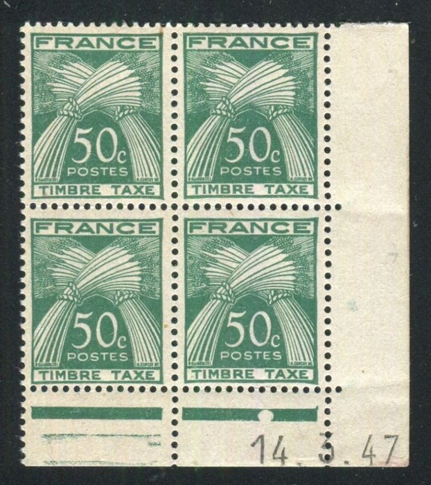 Frankrig 1947 - Sjælden mønt Daté n° 80 Neuf ** - 50 Centimes Vert Gerbes Timbre Taxe