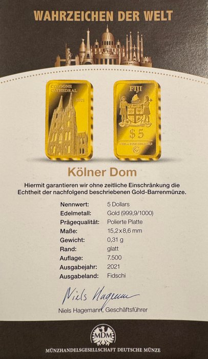 Fiji. 5 Dollars 2021 Kolner Dom, 1/100 Oz (.999) Proof  (Ingen mindstepris)