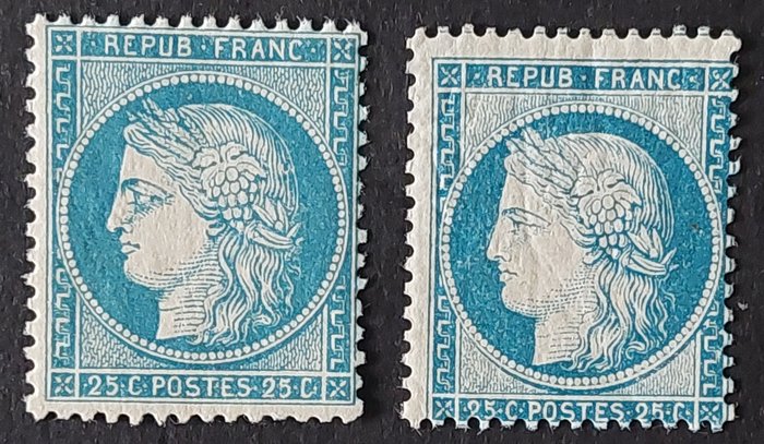 Frankrig 1874 - Ceres, 25 år. blå, 2 typer - Yvert 60A et 60C