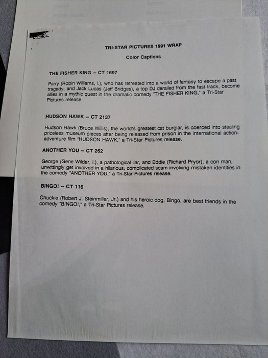 Tri-Star 1991 Wrap / The Fisher King / Hudson Hawk / Another you / Bingo! / Bugsy Siegel / Hook - Tri-Star Pictures