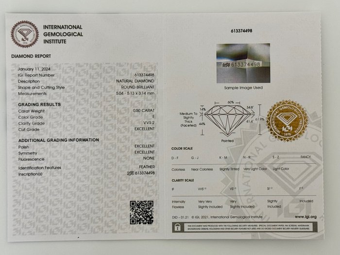 1 pcs Diamant  (Natur)  - 050 ct - Rund - E - VVS2 - International Gemological Institute (IGI) - *3EX* *Ingen* *Ideel*