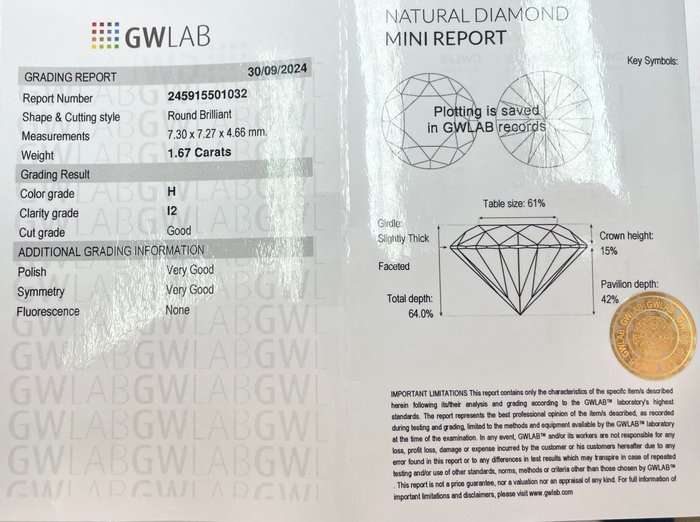 Ingen mindstepris - 1 pcs Diamant  (Natur)  - 1.67 ct - Rund - H - I2 - Gemewizard Gemological Laboratory (GWLab)