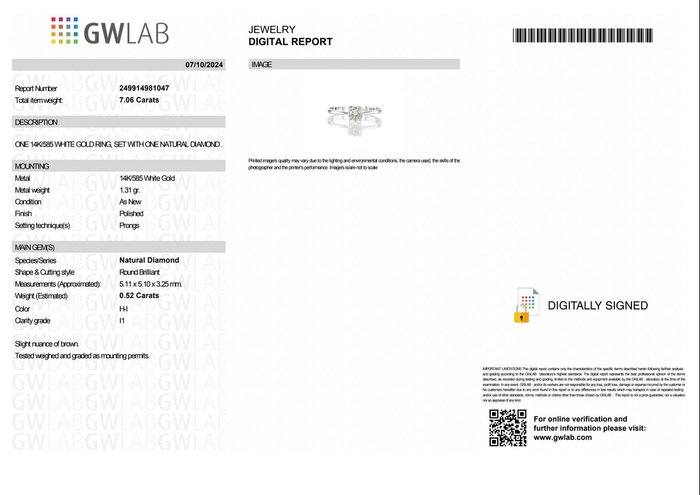 Ingen mindstepris - Ring - 14 karat Hvidguld -  0.52ct. tw. Diamant (Natur) - GWLab