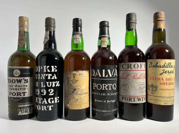 Dow's 'Dry White Aperitif' - 1992 Kopke Quinta Sao Luiz Vintage - Quinta da Romainera 'Fine Tawny' - Dalva Quinta de Avidago - Croft 'Full Rich Ruby' - Bobadilla y Cia 'Amontillado' -  Jerez, Porto  - 6 Flasker (0,75 L)