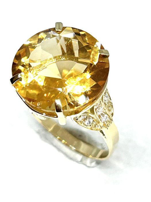 Ring - 14 karat Gulguld -  9.78ct. tw. Citrin - Diamant