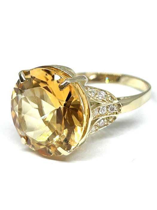 Ring - 14 karat Gulguld -  9.78ct. tw. Citrin - Diamant