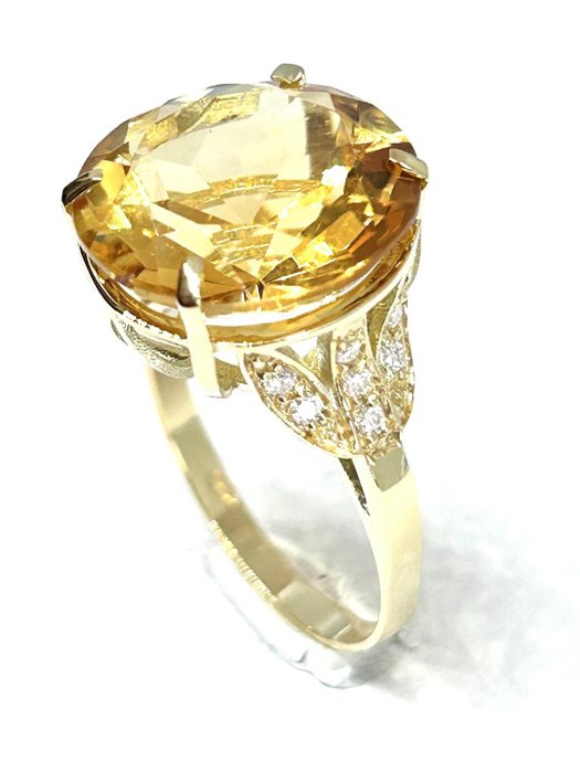 Ring - 14 karat Gulguld -  9.78ct. tw. Citrin - Diamant