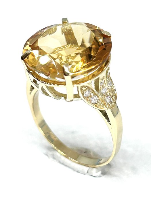 Ring - 14 karat Gulguld -  9.78ct. tw. Citrin - Diamant