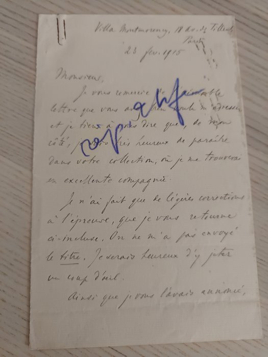 Henri Bergson - Carta Manuscrita Firmada por Henri Bergson - 1915