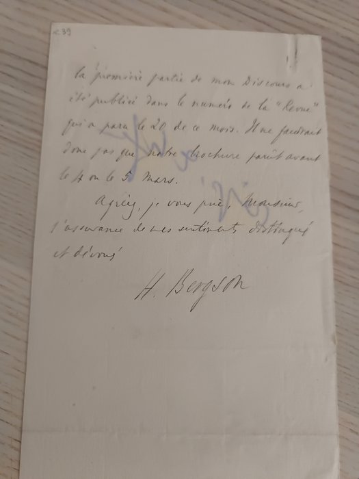 Henri Bergson - Carta Manuscrita Firmada por Henri Bergson - 1915