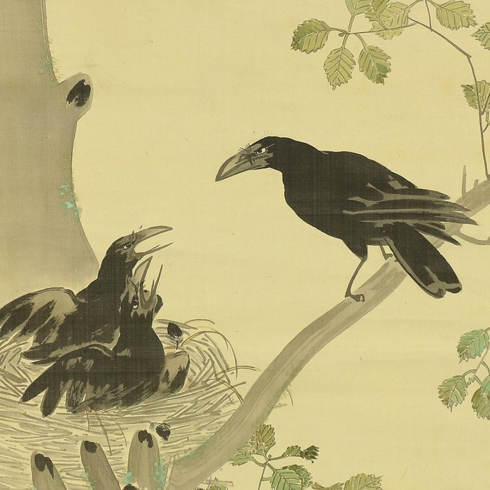 Crow Raises its Young with Box - Nagai Ikka 長井一禾 (1869-1940) - Japan  (Ingen mindstepris)