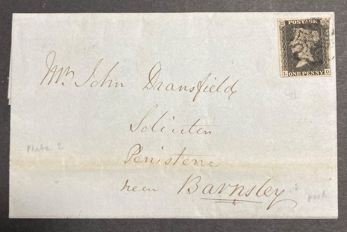 Storbritannien 1841 - SG 1a fire marginer plus lille tilstødende del af næste frimærke - QV Penny black used on complete cover - black X