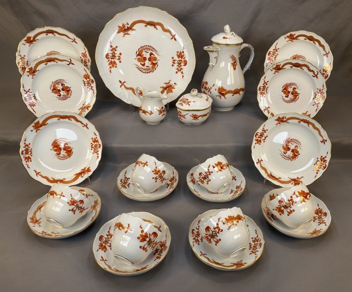 Meissen - Kaffeservice til 6 (22) - Porcelæn - Korallenroter Hofdrache, Goldgehöht