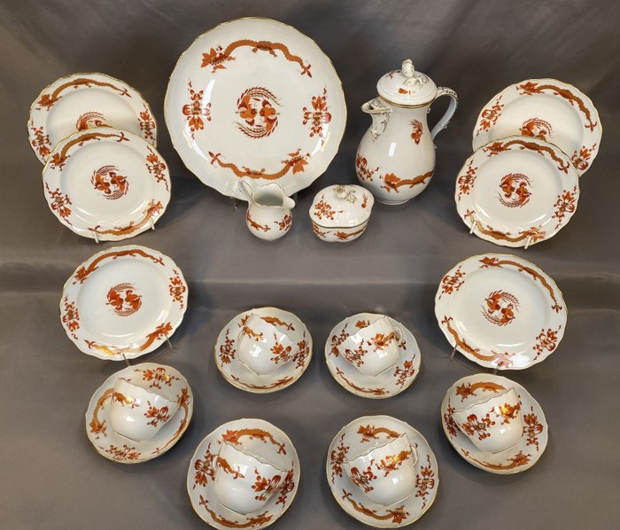 Meissen - Kaffeservice til 6 (22) - Porcelæn - Korallenroter Hofdrache, Goldgehöht