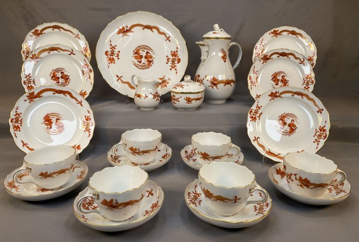 Meissen - Kaffeservice til 6 (22) - Porcelæn - Korallenroter Hofdrache, Goldgehöht