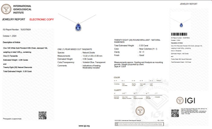 Ingen mindstepris - Halskæde med vedhæng - 14 karat Hvidguld -  5.26ct. tw. Tanzanit - Diamant - IGI