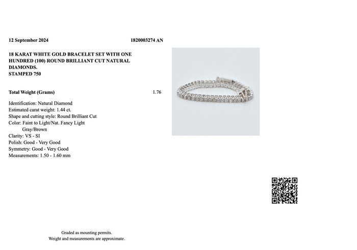 Ingen mindstepris - Armbånd 18 kt. -  1.44ct. tw. Diamant (Naturfarvet)