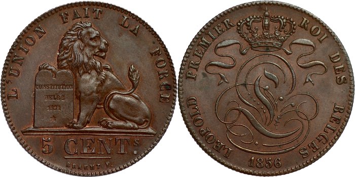 Belgien. Leopold I (1831-1865). 5 Cents 1856 - engraver’s initial with point - "5 CENT.ˢ" double struck, with letter T southwards - QUALITY