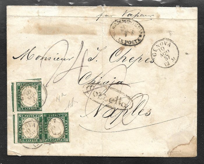 Antikke Italienske Stater - Sardinien 1857 - fra Genova til Napoli - Sassone cat. 13A