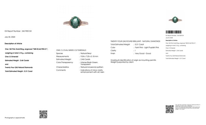 Ingen mindstepris - Ring - 14 karat Rosaguld -  277ct tw Smaragd - Diamant - IGI 246 ct Intens Green