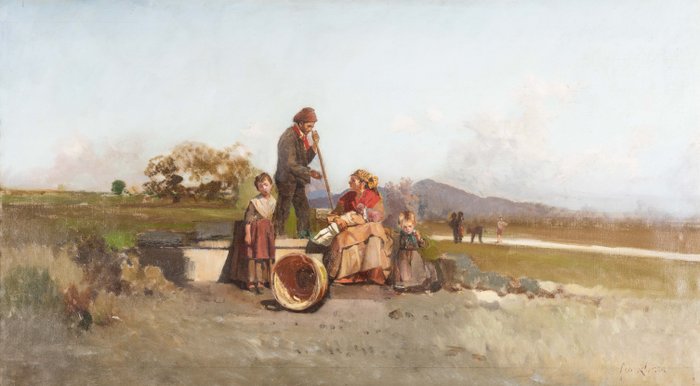 Giuseppe Laezza (1835-1905) - Landschap met rustende familie