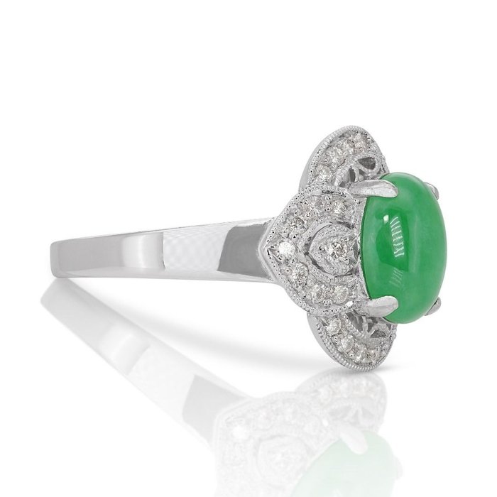 Ring - 18 kraat Hvidguld -  203ct tw Jade - Diamant