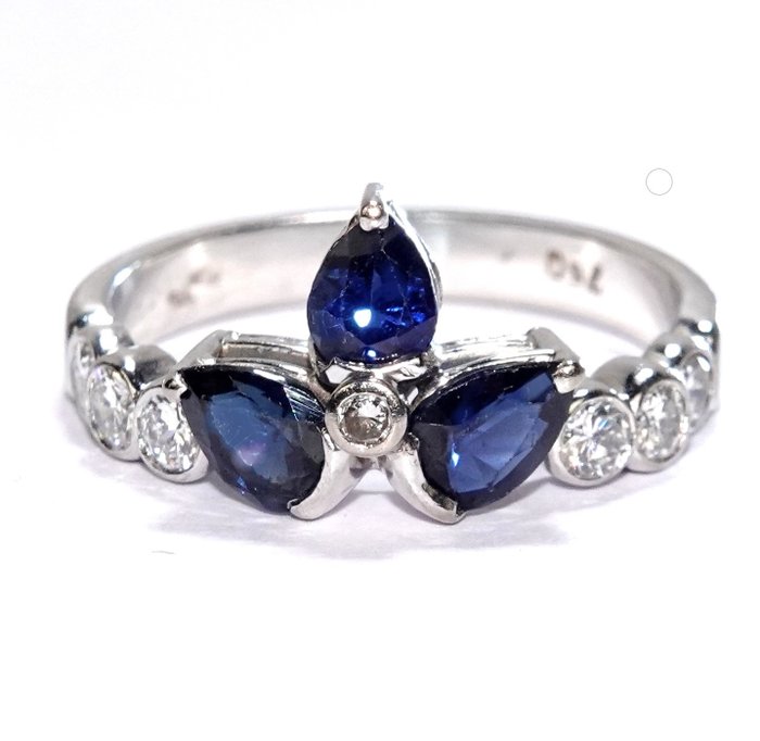 Ring - 18 kraat Hvidguld -  1.25ct. tw. Diamant (Natur)  - Safir