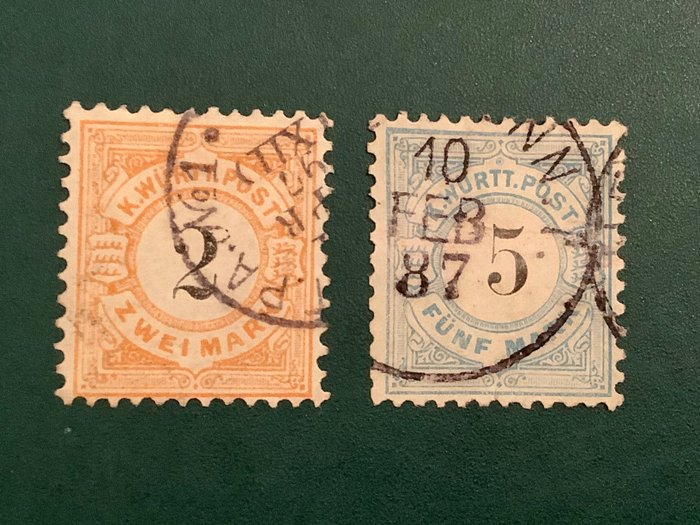 Württemberg 1881 - 2 og 5 Mark sort figur i Kreis - Michel 53/54