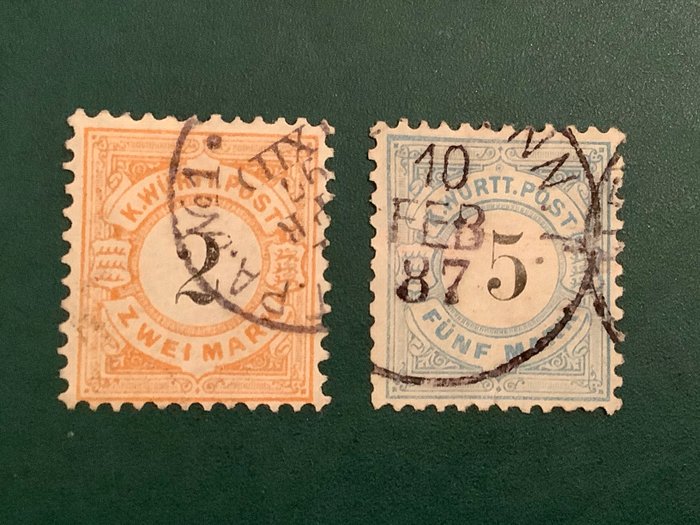 Württemberg 1881 - 2 og 5 Mark sort figur i Kreis - Michel 53/54