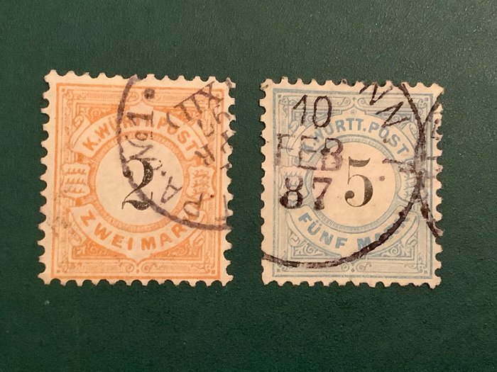 Württemberg 1881 - 2 og 5 Mark sort figur i Kreis - Michel 53/54