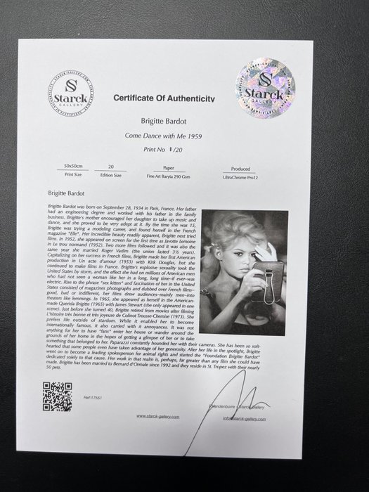 Brigitte Bardot - Come Dance with Me 1959 - Fine Art Photography - Luxury Wooden Framed 70X50 cm - Limited Edition Nr 03 of 20 - Serial ID 17551 - Original Certificate (COA), Hologram Logo Editor and QR Code - 100% New items.