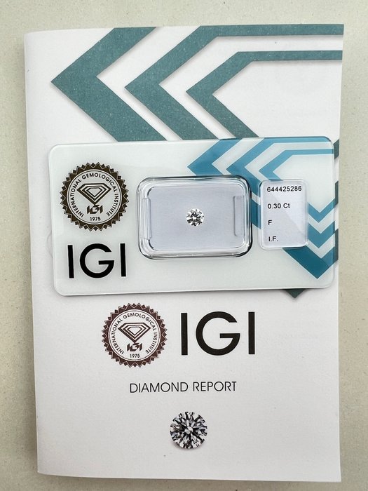 Ingen mindstepris - 1 pcs Diamant  (Natur)  - 0.30 ct - Rund - F - IF - International Gemological Institute (IGI)