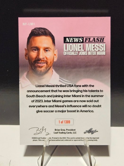 2023 Leaf News Flash Lionel Messi officially joins Inter Miami Lionel Messi 1 of 1309 #NF-LM1 - 5 Card - Næsten så god som ny (NM)