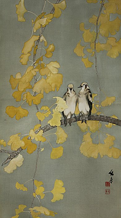 Kacho-ga 花鳥 birds on Gingko branch - With signature and seal by artist - Japan  (Ingen mindstepris)