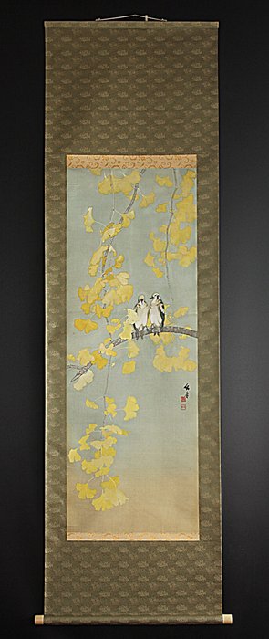 Kacho-ga 花鳥 birds on Gingko branch - With signature and seal by artist - Japan  (Ingen mindstepris)